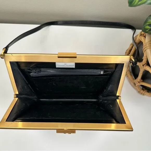 Vintage Charles Jourdan Black Suede Frame Bag Gold Hardware Clutch Leather Strap - Picture 5 of 10